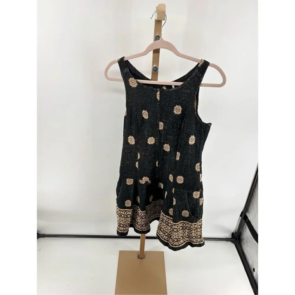 Free People Black Gold Tapestry Sleeveless Mini Dress Pockets Size 8